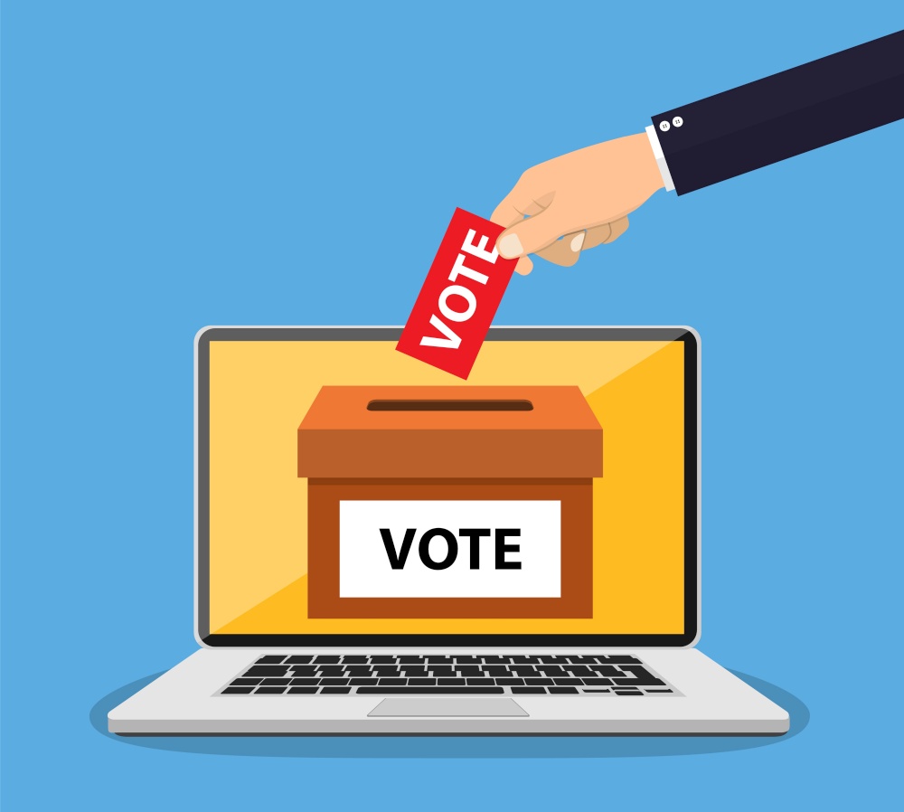 Hand putting voting paper in the ballot box on a laptop screen. Voting online concept. Vector illustration in flat style. Hand putting voting paper