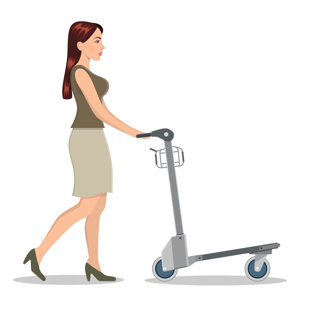 Girl pushing luggage cart with suitcases. Female passenger in airport. Female tourist with baggages arrival or departure. Vector illustration in flat style. Girl pushing luggage cart with suitcases.