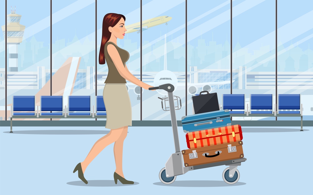 woman with luggage trolley in airport. Travel concept. Vector illustration in flat style. woman with luggage trolley in airport.