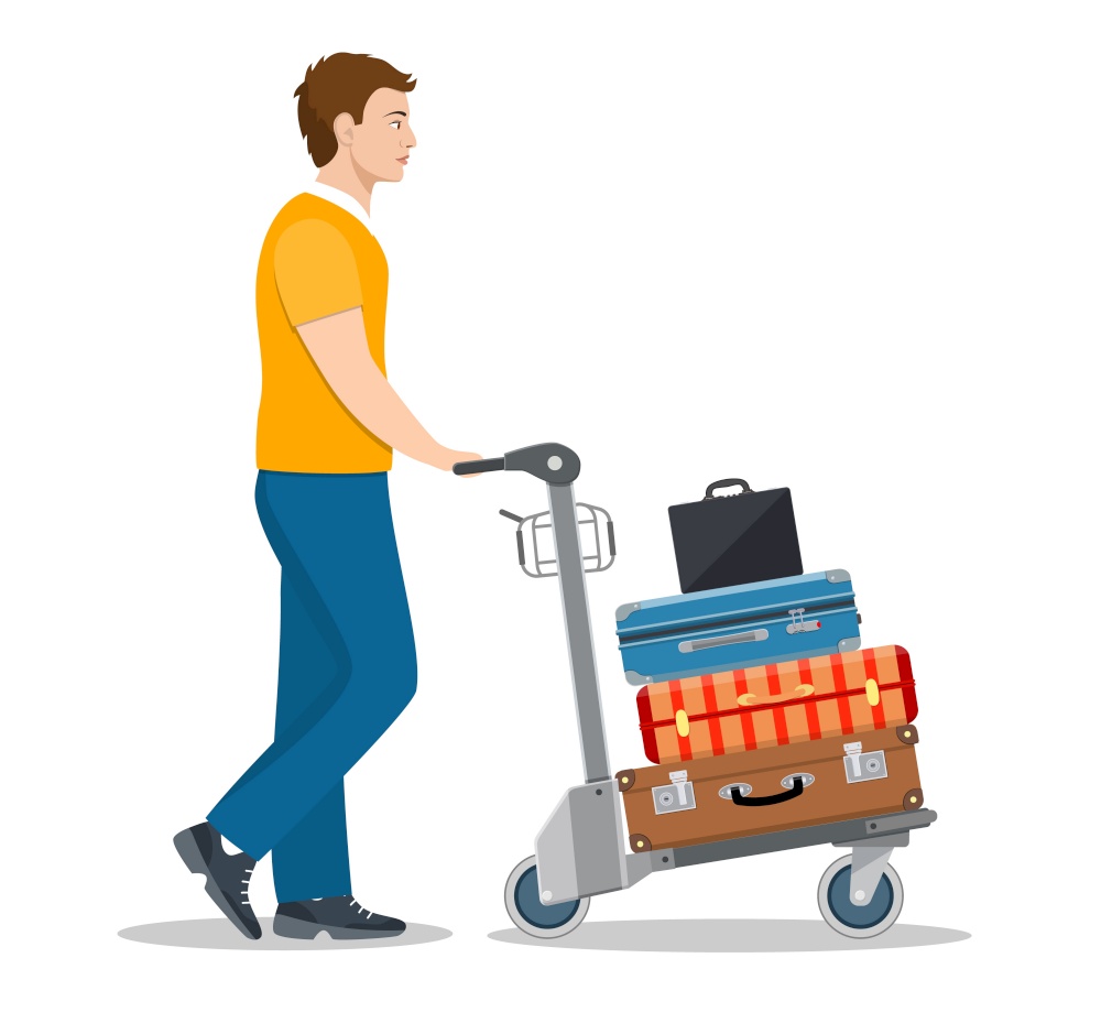 man with luggage trolley in airport. Travel concept. Vector illustration in flat style. man with luggage trolley in airport.