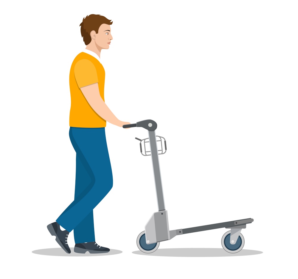 man pushing luggage cart with suitcases. male passenger in airport. male tourist with baggages arrival or departure. Vector illustration in flat style. man pushing luggage cart with suitcases.