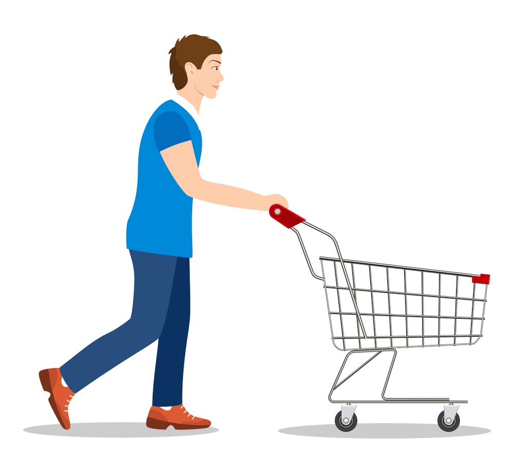 man pushing supermarket shopping cart. isolated on white background. Vector illustration in flat style. shopping man with a cart