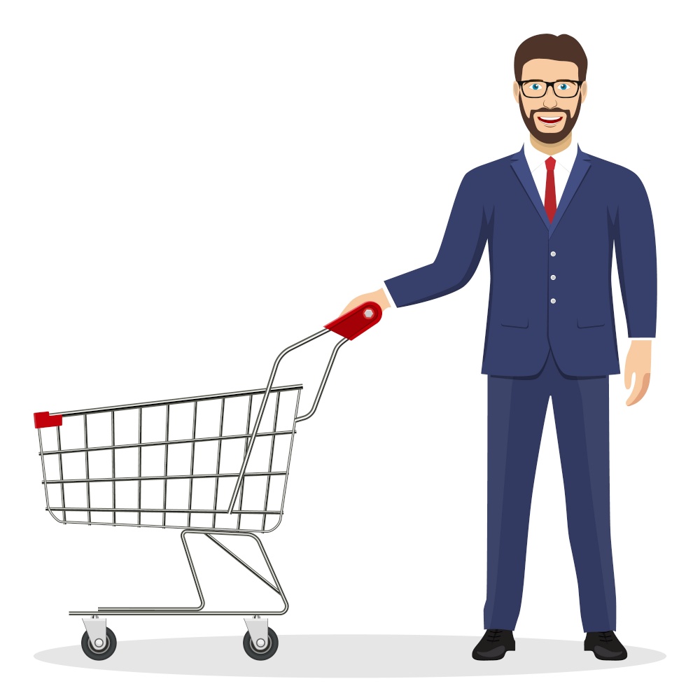 businessman pushing supermarket shopping cart. isolated on white background. Vector illustration in flat style. shopping man with a cart