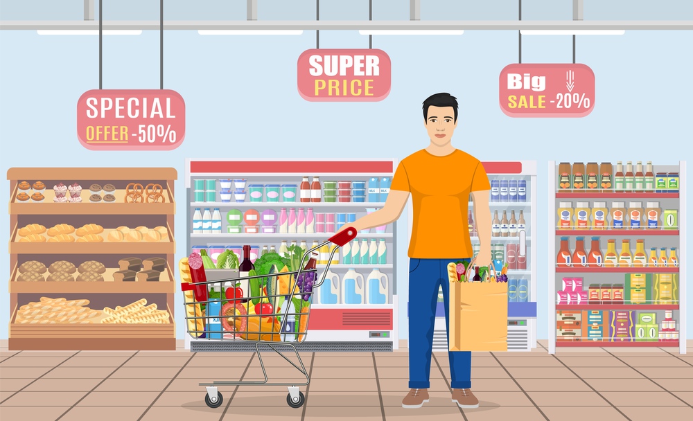 man shopping in supermarket. shopping cart. man hold grocery paper shopping bag with food. Vector illustration in flat style. Young man shopping for groceries