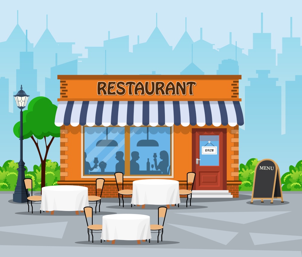 Facade of Restaurant building city background street. cafe bistro dinner coffee house concept. Vector illustration in flat style. Restaurant building city background street