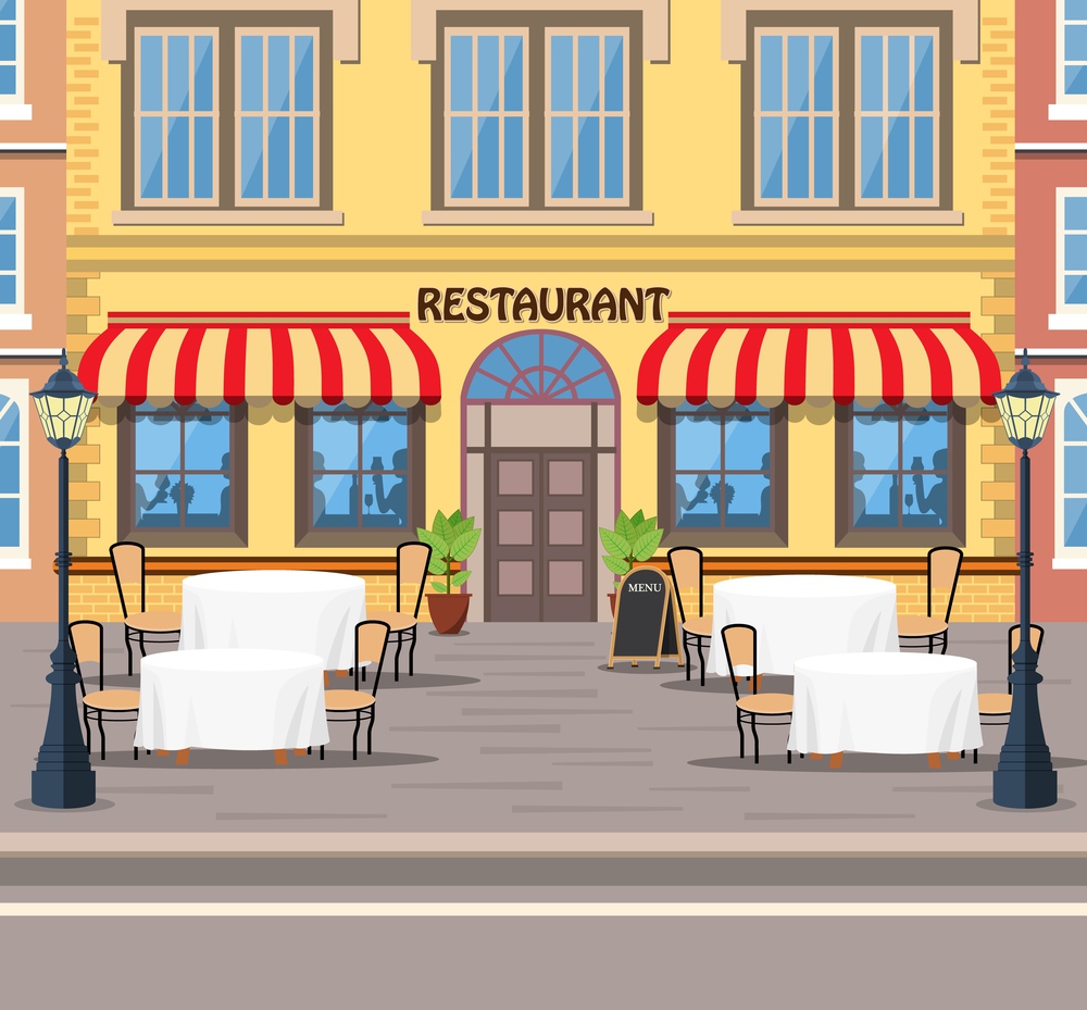 Facade of modern fast food restaurant. cafe bistro dinner coffee house concept. Vector illustration in flat style. modern fast food restaurant
