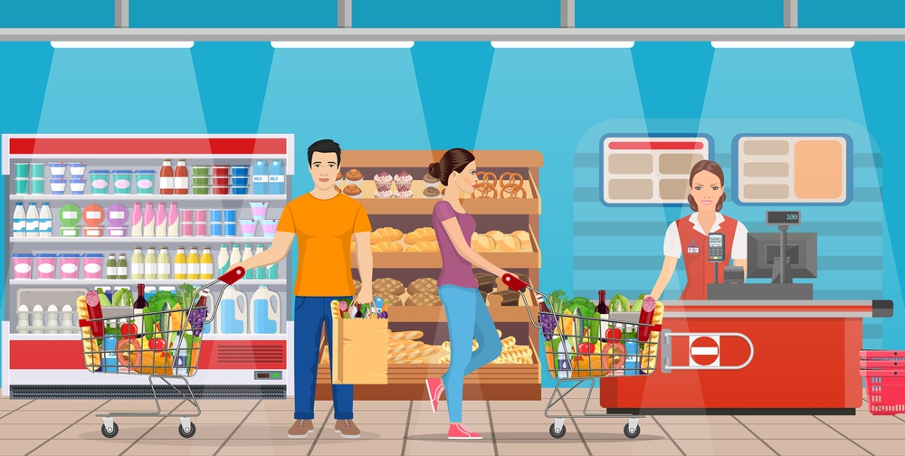 People shopping at supermarket and buying products, freezer, shelves and checkout operator at work, grocery and consumerism concept. Vector illustration in flat style. People shopping at supermarket