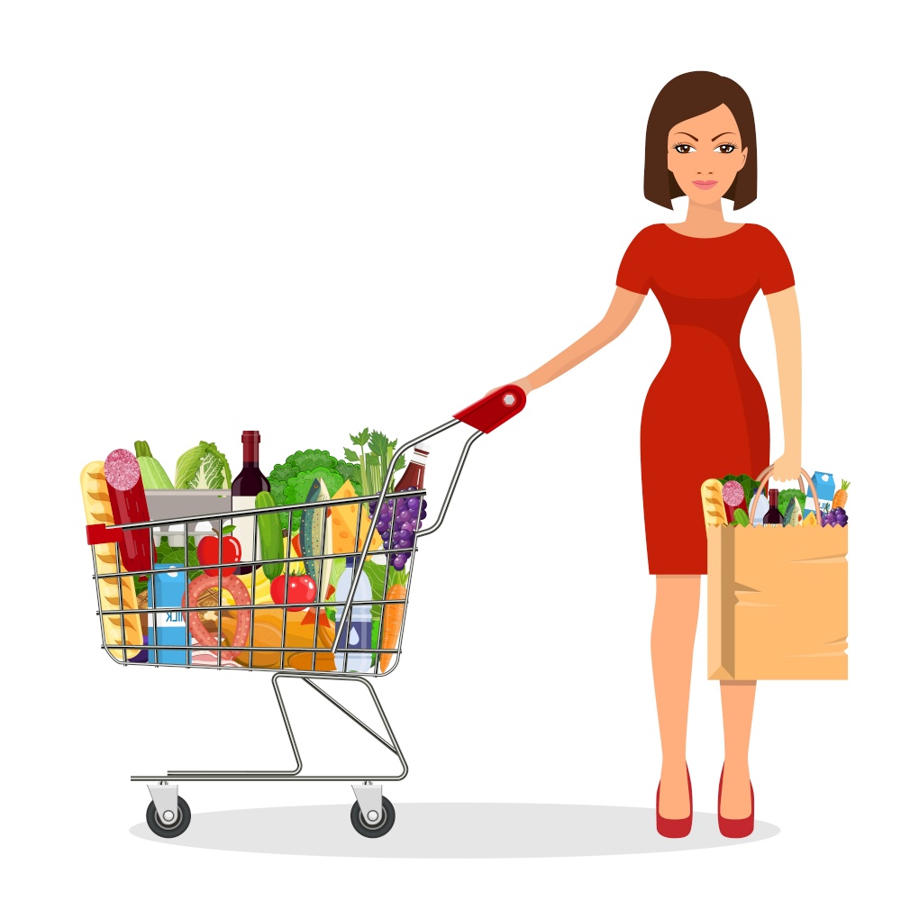 Woman shopping in supermarket. shopping cart. woman hold grocery paper shopping bag with food. Vector illustration in flat style. Woman shopping in supermarket