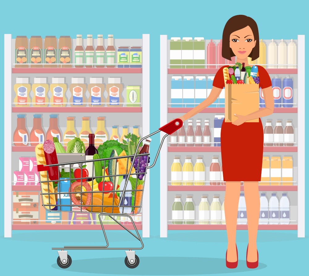 Woman shopping in supermarket. shopping cart. woman hold grocery paper shopping bag with food. Vector illustration in flat style. Young woman shopping for groceries