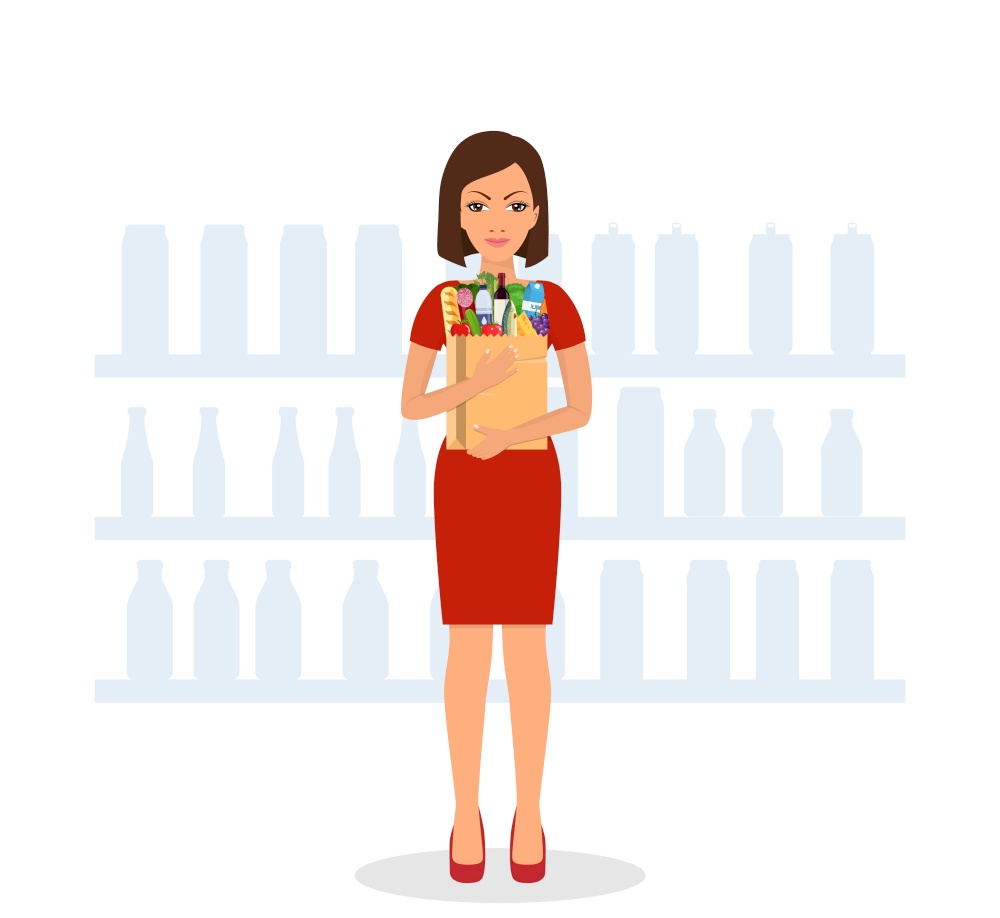 Woman shopping in supermarket. woman hold grocery paper shopping bag with food. Vector illustration in flat style. Woman shopping in supermarket