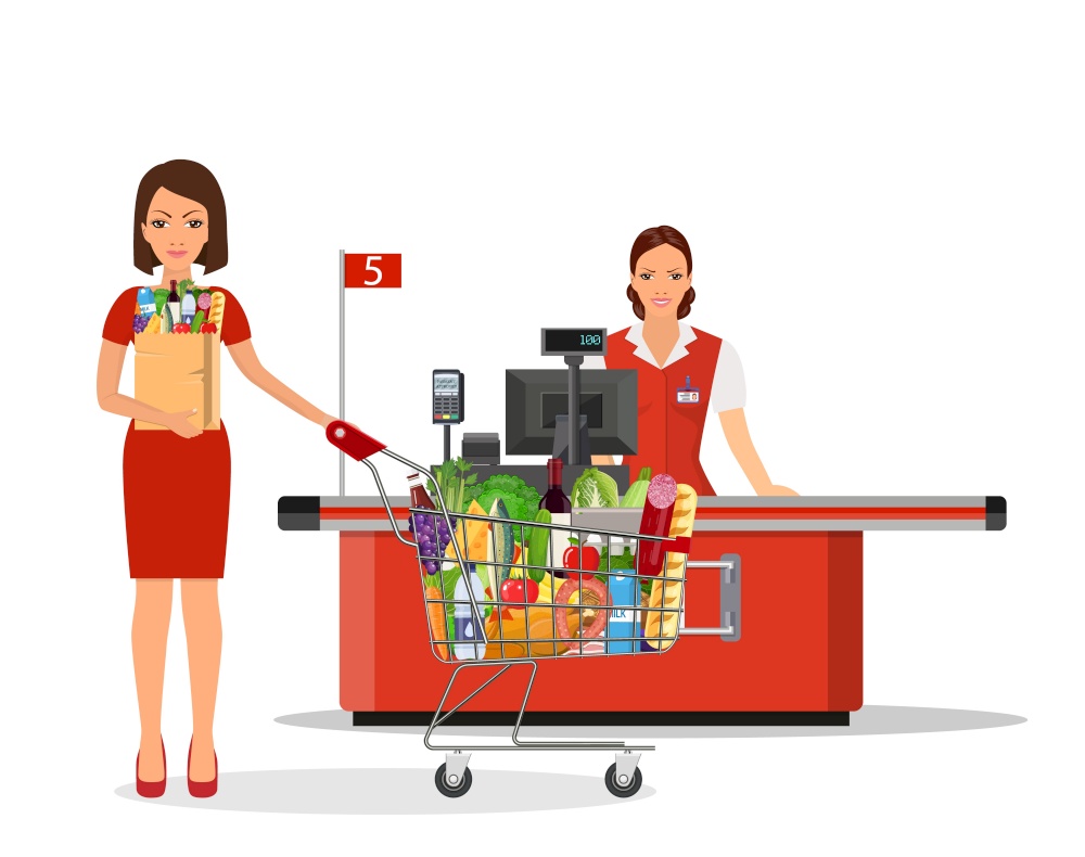 People Shopping in supermarket. woman cashier in supermarket. Cash register, Cashier and buyer with cart. Vector illustration in flat style. People Shopping in supermarket.