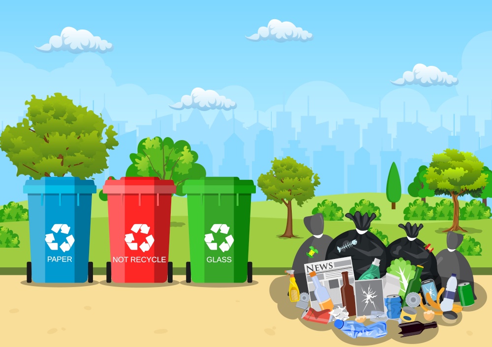 Garbage dump with rubbish bin for recycling in park. Different types of waste. Trash laying on the street. Vector illustration in flat style. Garbage dump in park.