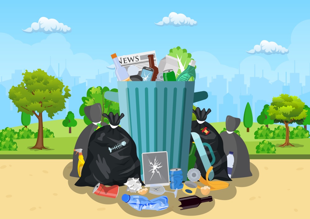 Garbage dump with rubbish bin for recycling in park. Different types of waste. Trash laying on the street. Vector illustration in flat style. Garbage dump in park.