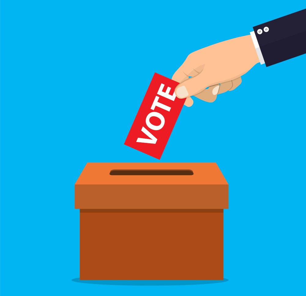 Human hand putting voting paper in the ballot box. vector illustration in flat design, infographics web design elements. Human hand putting voting pape
