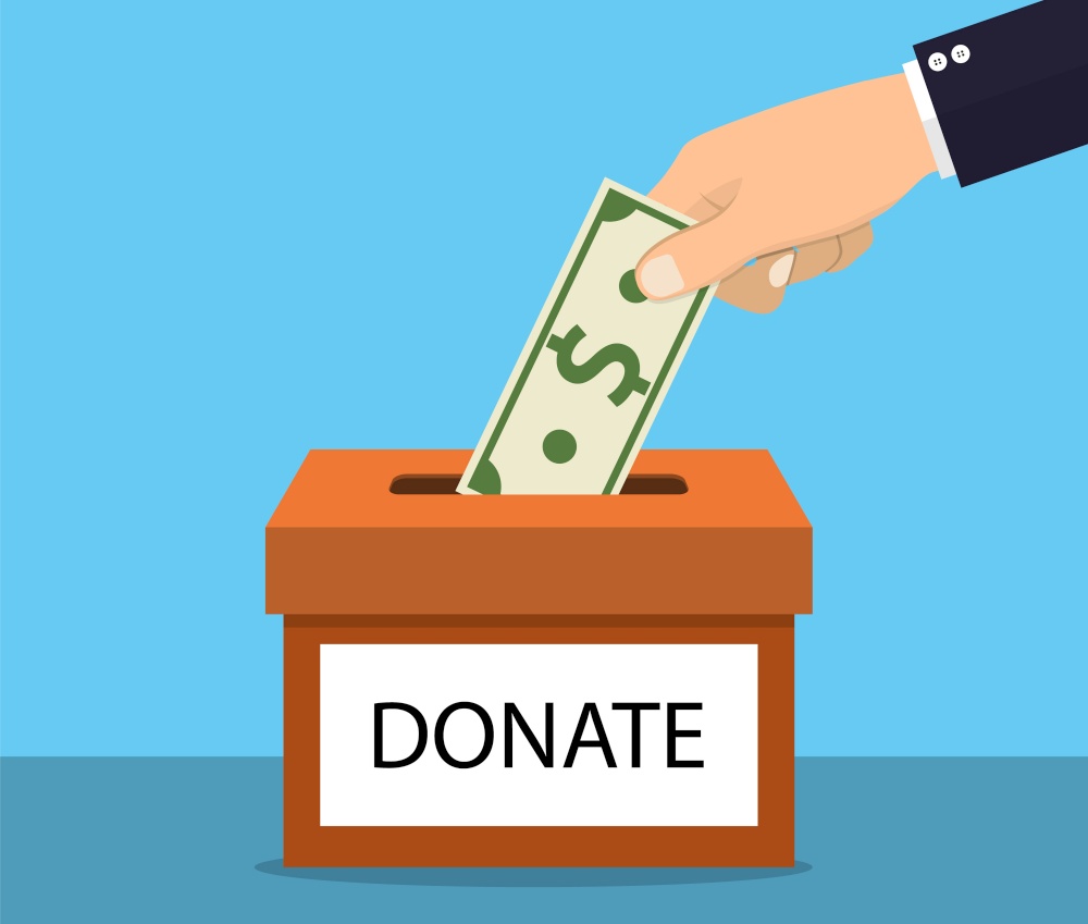 hands depositing money in a carton box with text banner donate. Vector illustration in flat style. hands depositing money in a carton box