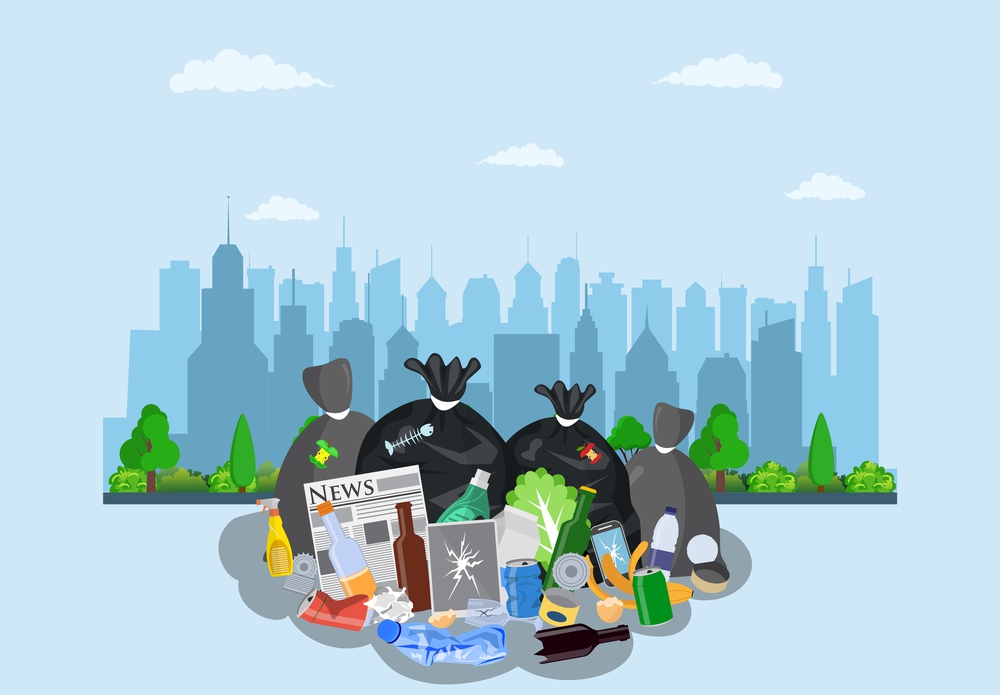 Steel garbage bin full of trash on street with city skyline. Garbage recycling and utilization equipment. Vector illustration in flat style. Steel garbage bin full of trash.