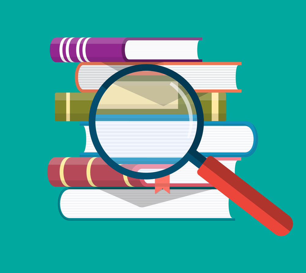 Pile of books and magnifying glass. Reading education, e-book, literature, encyclopedia. Vector illustration in flat style. Pile of books and magnifying glass.