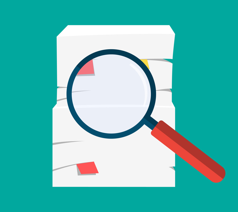 Paper pile and magnifying glass. Vector illustration in flat style. Paper pile and magnifying glass.
