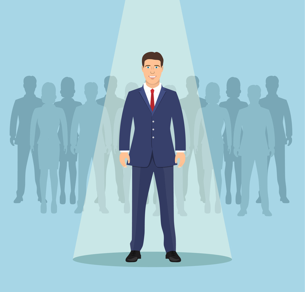 businessman in spotlight . Curriculum, recruitment, HR, human resources management concept. Pick business people to hire. Candidate man for contract job. Vector illustration in flat style. businessman in spotlight