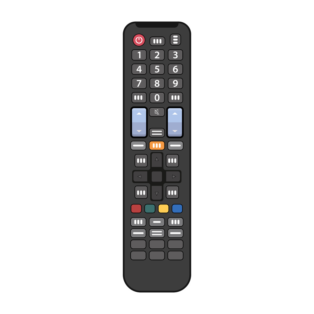 Remote control for TV or media center. Infrared controller symbol. Vector illustration in flat style. Remote control for TV or media center.