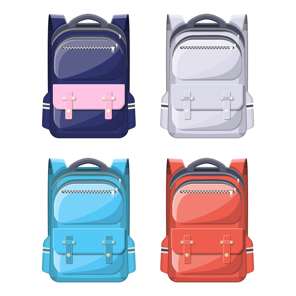 Colorful school backpacks. Back to school. Rucksack for school, study, travel, hiking and work. Haversack, knapsack. Schoolbag, luggage and baggage. Vector illustration in flat style. Colorful school backpacks.