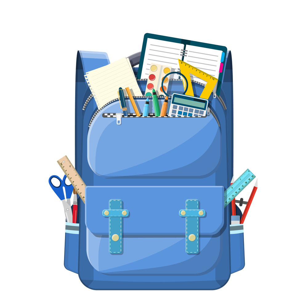 Back to school concept. School supplies in backpack. Books, paint, calculator, pen, pencil, ruler. Education and study learning. Vector illustration in flat style. Back to school concept.