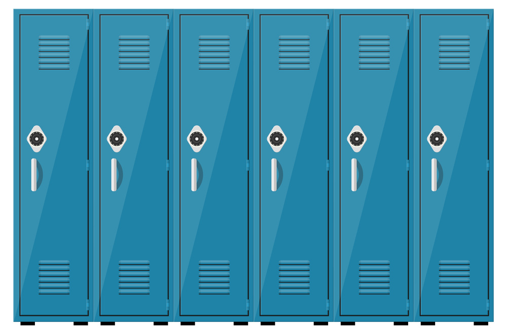 Empty blue school lockers with Combination Locks. Vector illustration in flat style. Empty blue school lockers