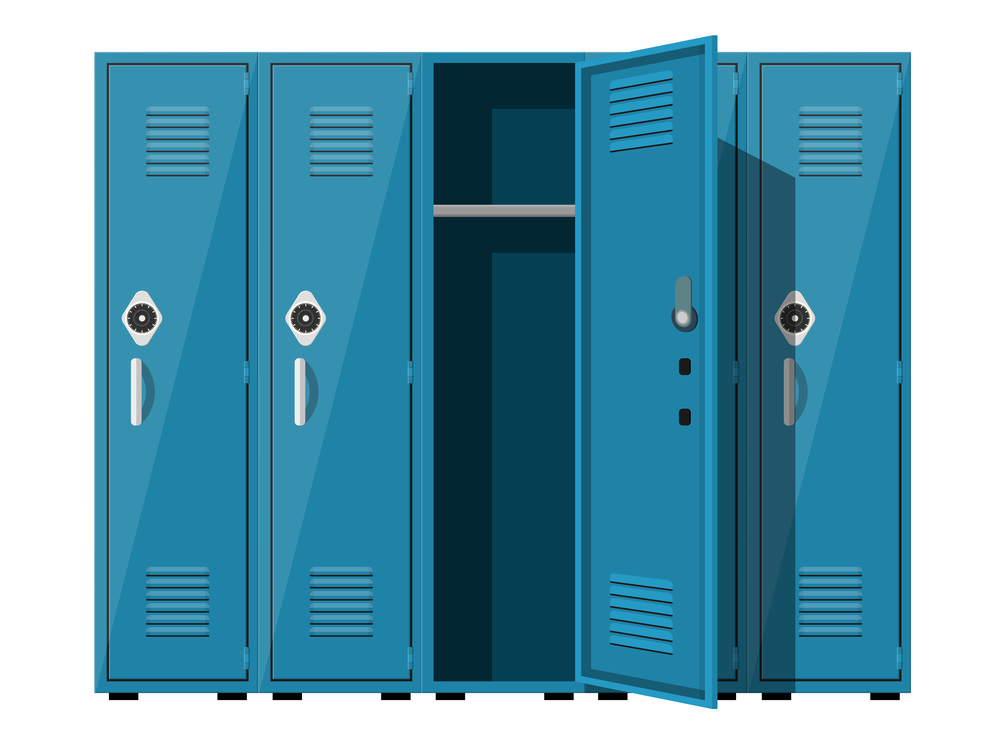 Blue metal cabinets. Lockers in school or gym with silver handles and locks. Safe box with doors, cupboard, compartment. Vector illustration in flat style. Blue metal cabinets.