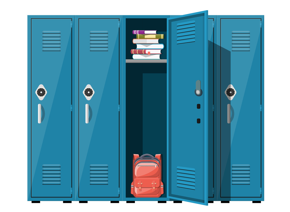 Blue metal cabinets. Lockers in school with silver handles and locks. Safe box with doors, cupboard, compartment. Books, backpack inside. Vector illustration in flat style. Blue metal cabinets.