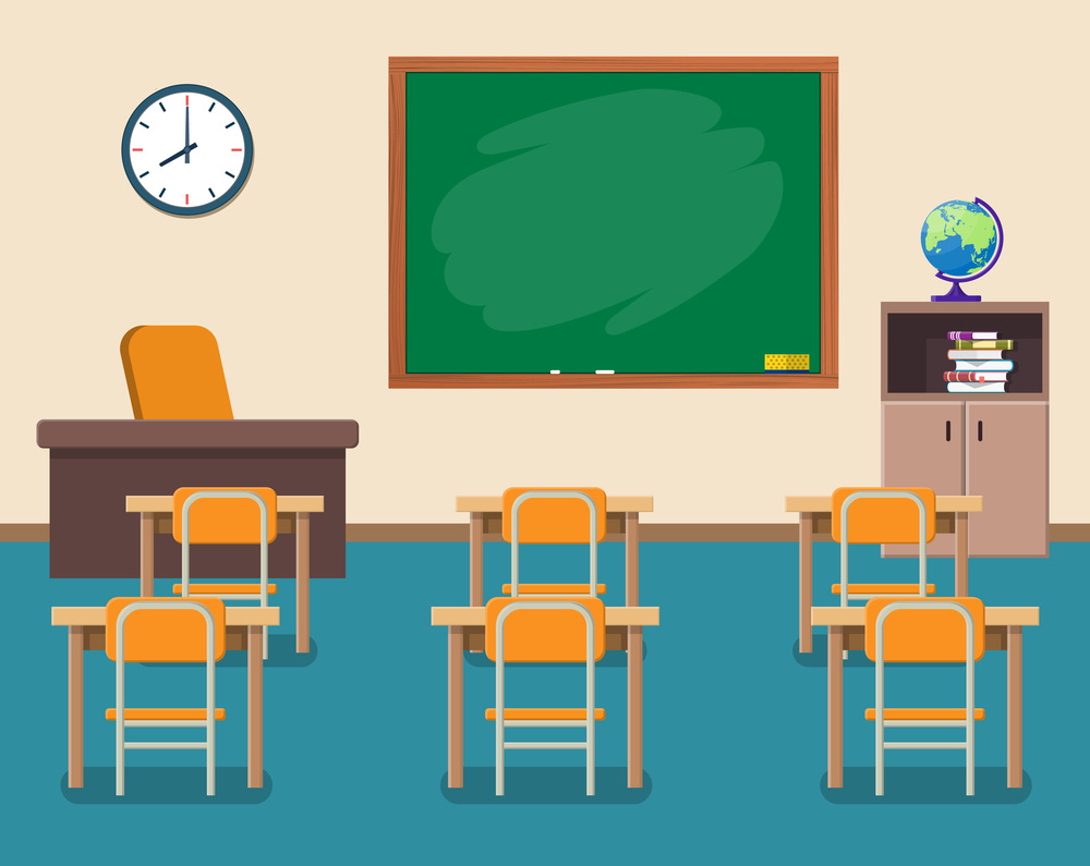School classroom with chalkboard and desks. Class for education, courses or training. Vector illustration in flat style. School classroom with chalkboard and desks.