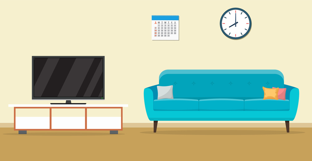 Living room interior design with furniture sofa, tv, clock. Vector illustration in flat style. Living room interior design