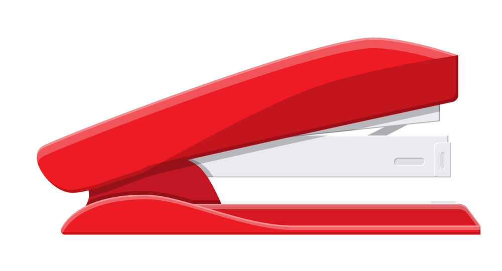 Red plastic stapler. Device for fastening sheets. Office and school equipment, stationery. Vector illustration in flat style. Red plastic stapler.