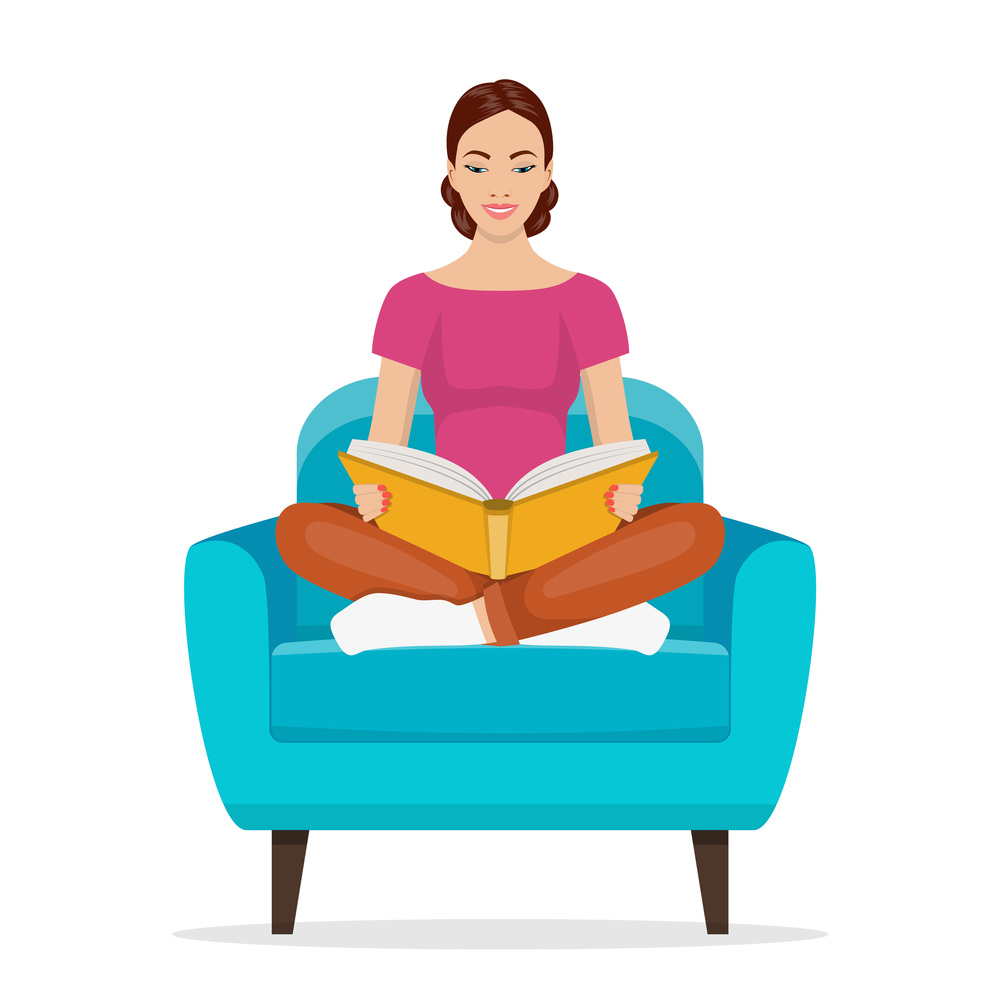 Young woman reading book on chair at home. Vector illustration in flat style. Young woman reading book on chair at home