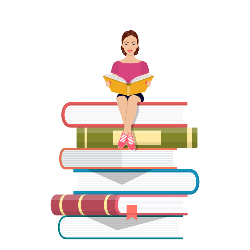 Young Woman Sitting on the Stack of Books and Reading Book . learning process concept Vector illustration in flat style. Young Woman Sitting on the Stack of Books