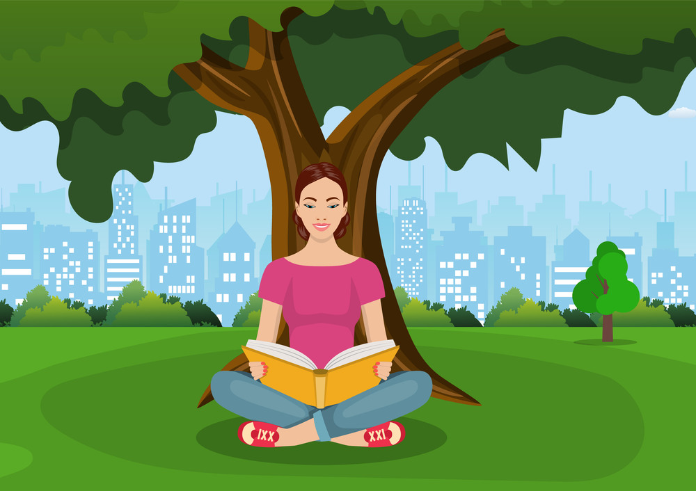 Young woman reading books in city park under a tree. Education, reading, studying. Vector illustration in flat style. Young woman reading books