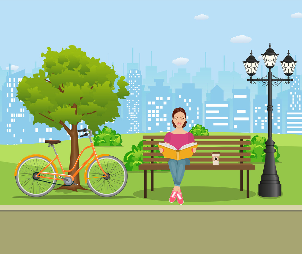 Young woman reading books outdoor on the bench in city park. Education, reading, studying. Vector illustration in flat style. Young woman reading books