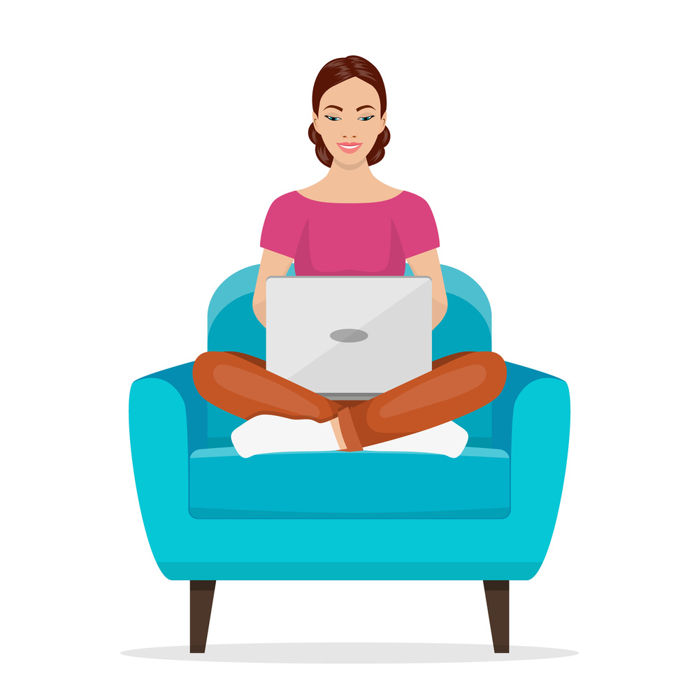 Girls working at home. Young woman sitting on a chair and using laptop. Freelance, self employed, freedom, in living room. Vector illustration in flat style. Girls working at home.