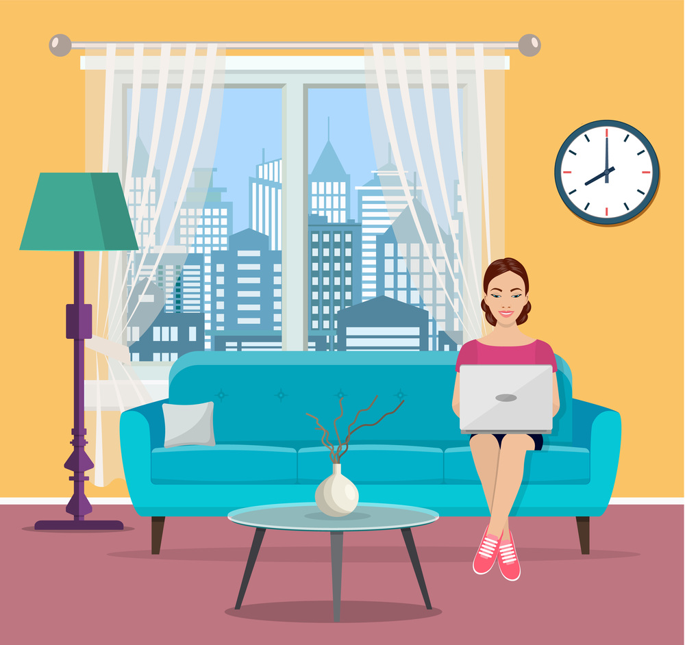 Happy young woman is relaxing on comfortable couch and using laptop at living room. Vector illustration in flat style. young woman using laptop at living room.