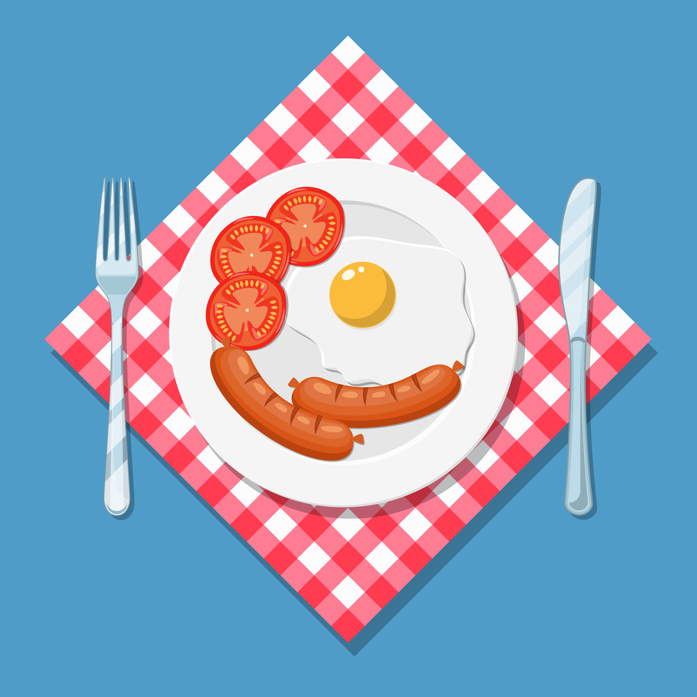 Breakfast, plate with fried egg, tomato and sausage. The view from the top. Vector illustration in flat style. Breakfast, plate with fried egg and sausage.