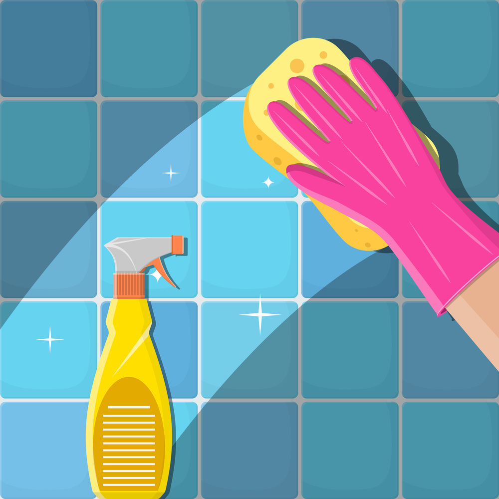 Cleaning service. Hands in green gloves with spray and sponge wash the wall tiles. Vector illustration in flat style. Hands in green gloves with spray
