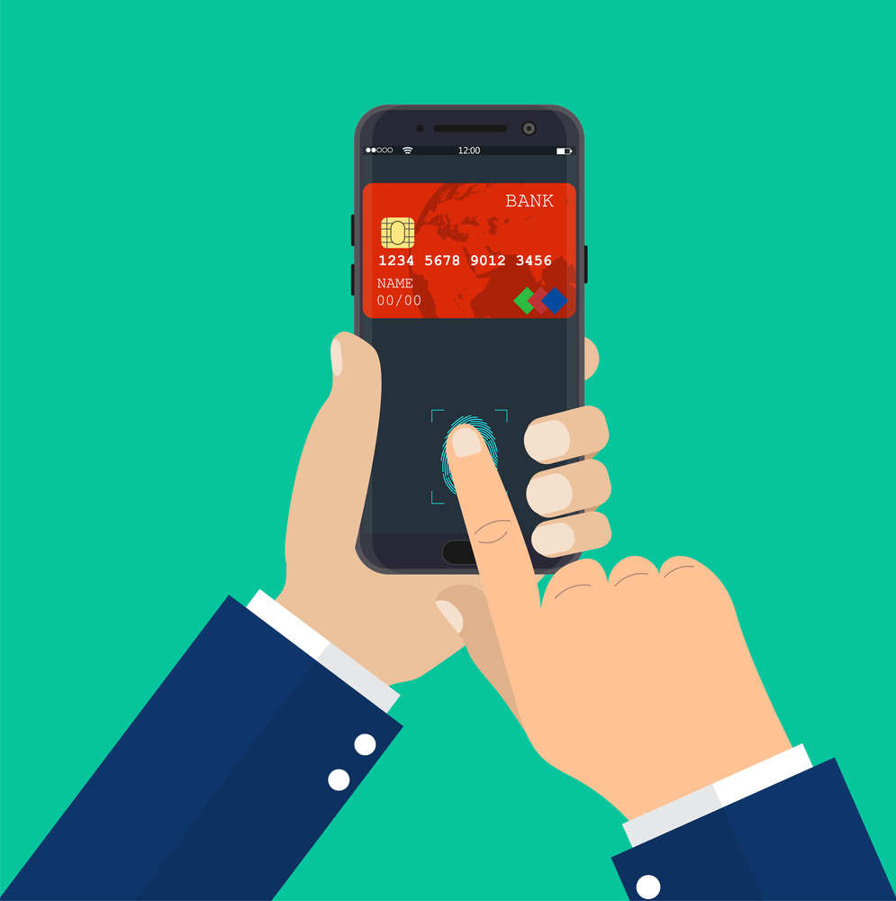 Payment app, bank card on smartphone screen. Hand holds smartphone and finger touches fingerprint sensor. Vector illustartion in flat style. Payment app, bank card on smartphone screen.