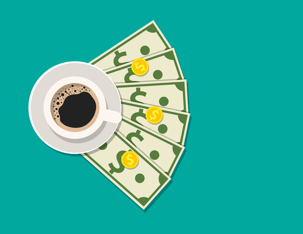 Cup with coffee, cash and coins. Gratuity concept. Vector illustration in flat style. Cup with coffee, cash and coins