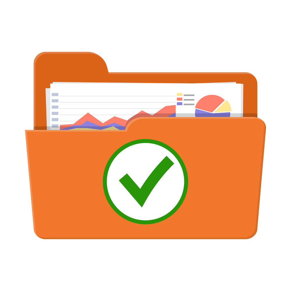 Success audit concept. Open folder icon, documents with charts and green tick check mark. Vector illustration in flat style. Success audit concept.