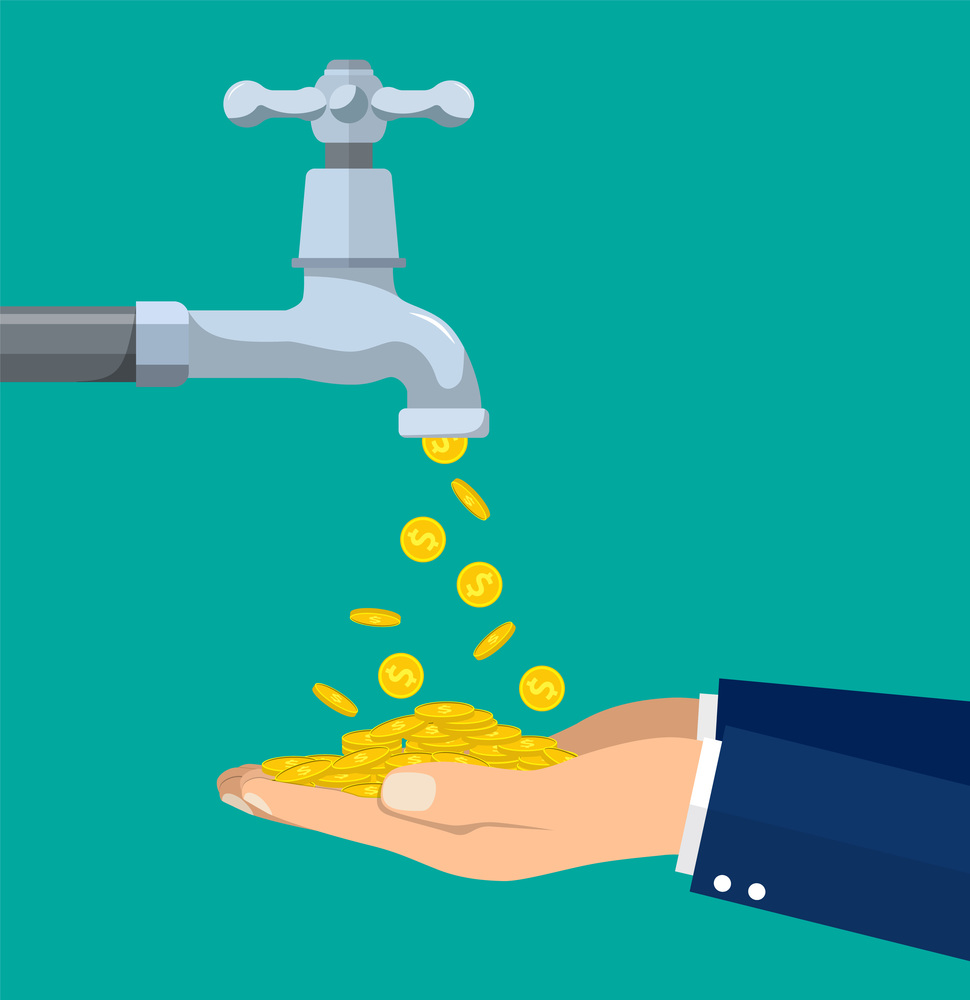 Money coins flows to hand from tap. Vector illustration in flat style. Money coins flows to hand from tap