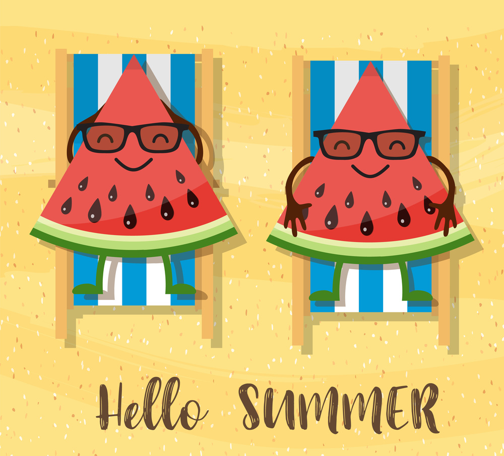 watermelons cartoon character on beach. holiday background with watermelon and inscription hello summer. Vector illustration in flat style. watermelons cartoon character