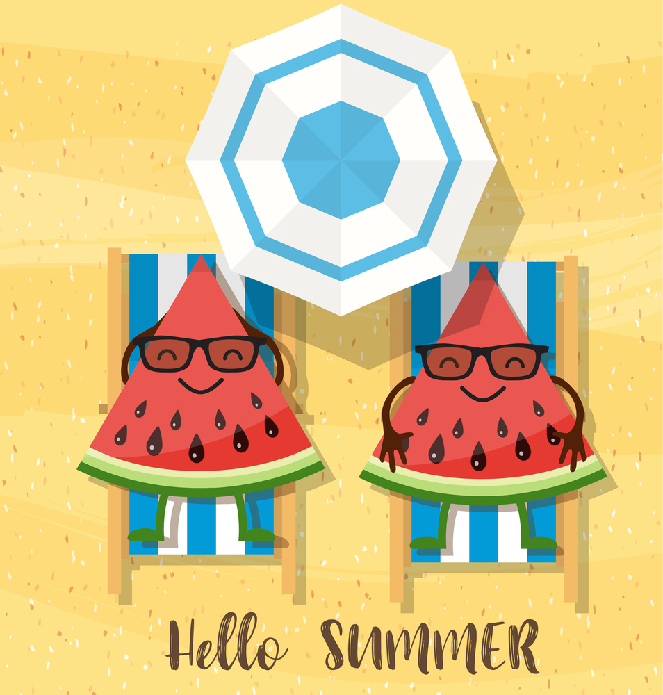 watermelons cartoon character on beach. holiday background with watermelon and inscription hello summer. Vector illustration in flat style. watermelons cartoon character