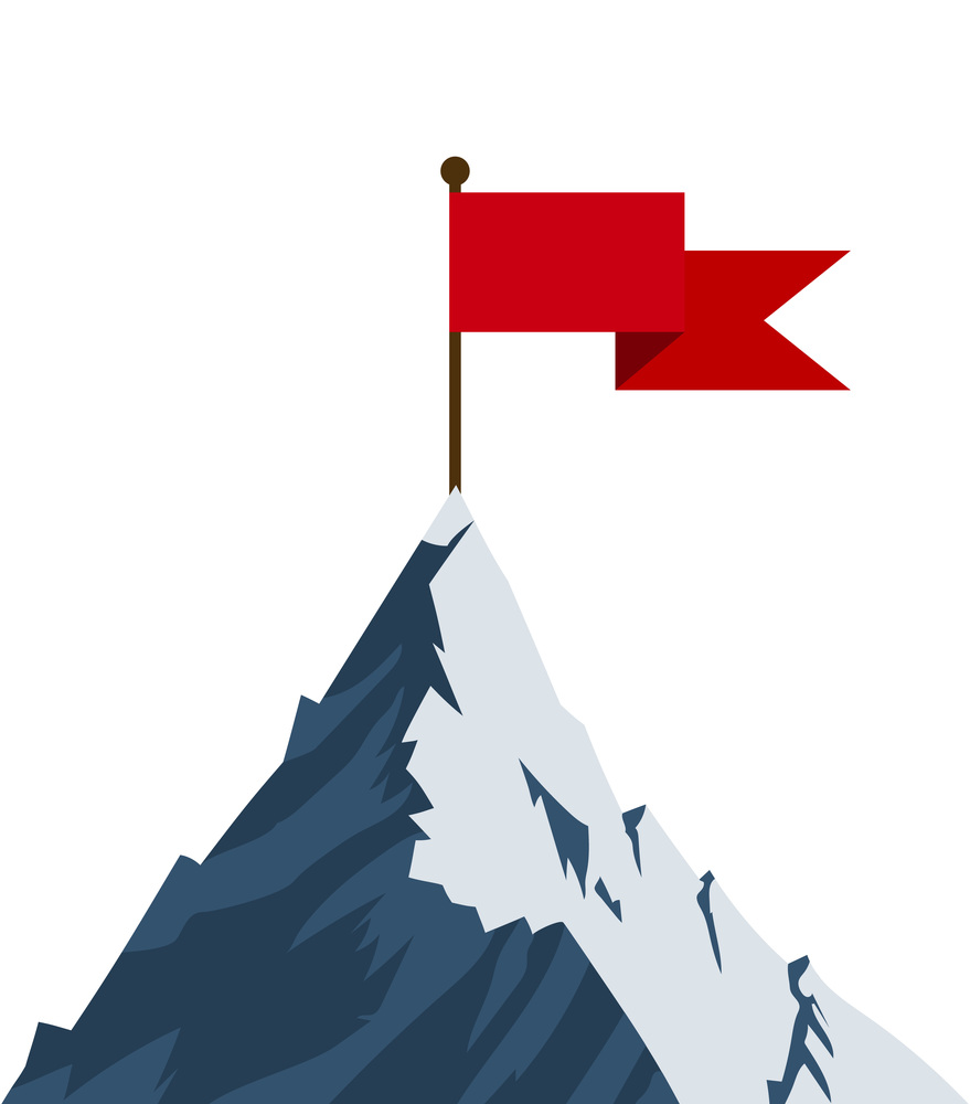 Red flag on mountain peak. Successfull mission icon business concept. Symbol of victory, winning. Vector illustration in flat style. Red flag on mountain peak.