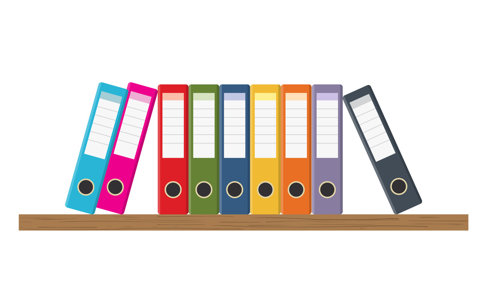 Document Storage Shelves with set of colored ring binders on white background. Office folders. Vector illustration in flat style. Document Storage Shelves