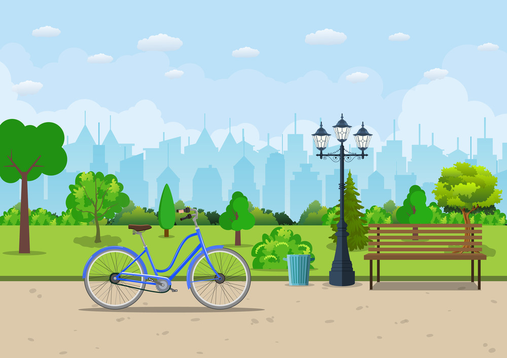 Bench with tree, bike and lantern in the Park. Vector illustration in flat style. Bench with tree and lantern in the Park.