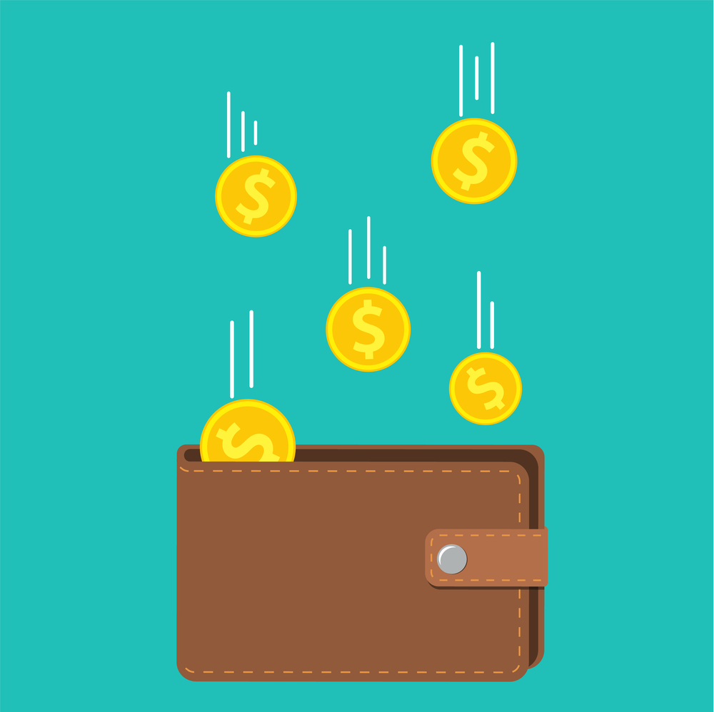 Golden coins money flying in wallet. concept of fund savings, cash earnings, financial success, getting wealth. Vector illustration in flat style. Golden coins money flying